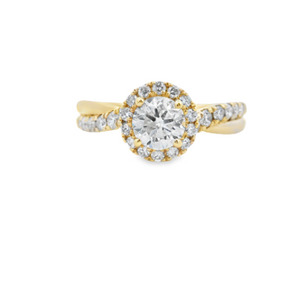 14kt Yellow Gold Ring With .75ct Round Diamond Center Surrounded by 32