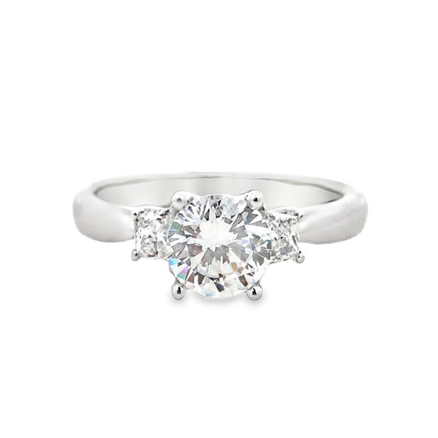 14k White Gold Three Stone Ring With 1.00ct CZ Round Center With Trapezoid Diamonds On Each Side .28tdw GH VS2