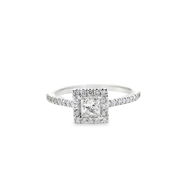 14Kt White Gold Engagement Ring with 16 Round Prong Set Diamonds in Halo surrounding 1 Princess cut Center Diamond and 18 Diamonds on the shoulder .56ct tdw SI1 GHGoes with WB 100-1390