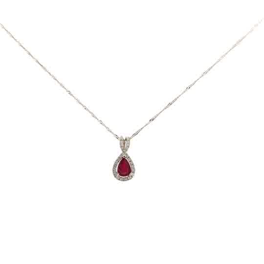 14Kt White Gold Pendant With Pear Shaped Ruby Center .35ct and 32 Roun