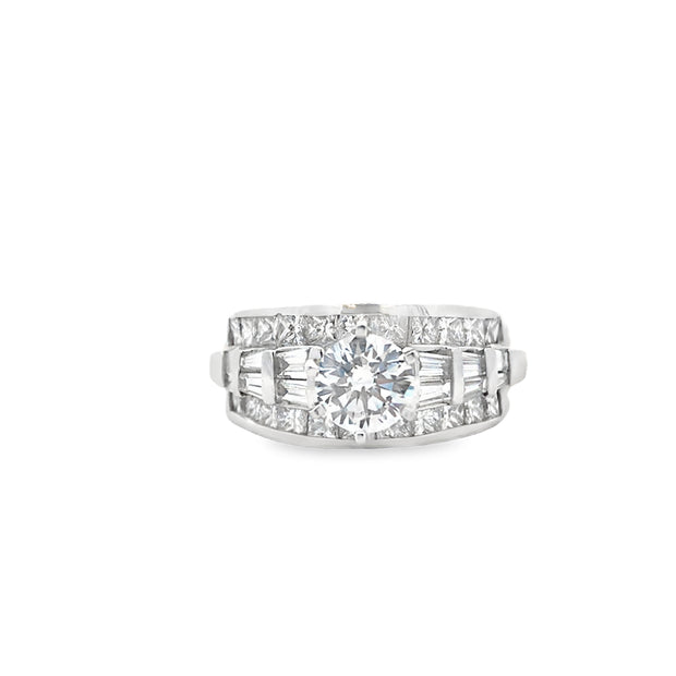 14K White Gold  6-Prong Semi Mount With 22 Princess Cut Diamonds And 12 Baquette Diamonds Totaling 2.26Ct Tdw I1 HI. Size 7, CZ Center