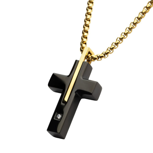 18kt plated black two toned cross pendant lgdm .03ctw 24"