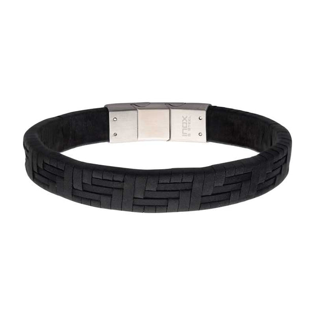 Men's Stainless Steel Twill Weave Suede Black Leather Bracelet. Length