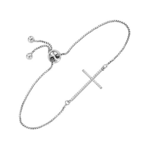 Sterling Silver Diamond Cross Bolo Bracelet With 21 Round Diamonds .14