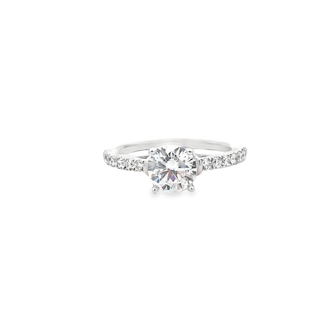 18Kt White Gold Diamond Semi-Mount Engagement Ring Set With Cz Center and 14 Round Diamonds Down Shoulders .29Ct Tdw Si1 GH